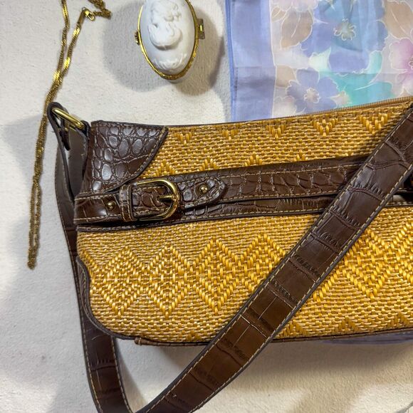 Vintage Woven Rattan and Faux Croc Handbag - Picture 1 of 10